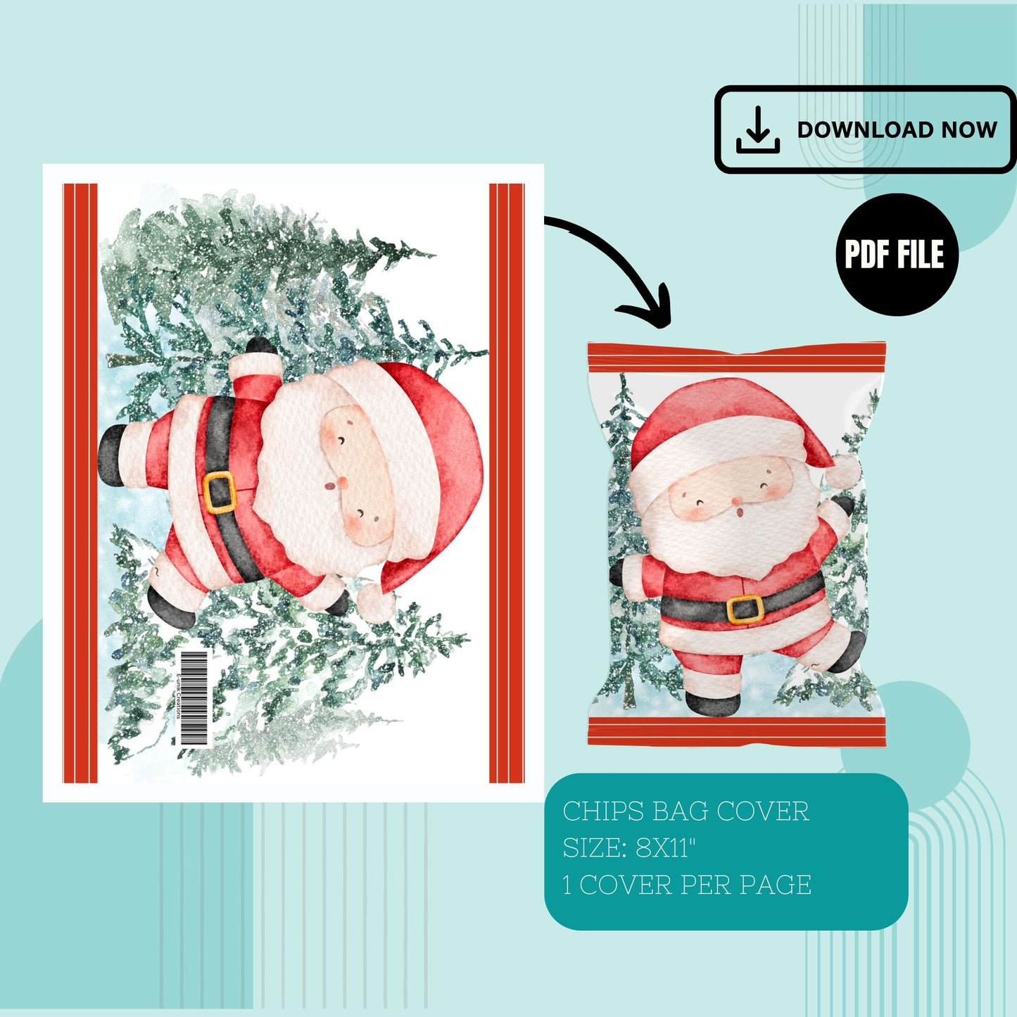 Santa Claus Chip Bag Cover PDF Instant Download File | Winter Holidays Celebration