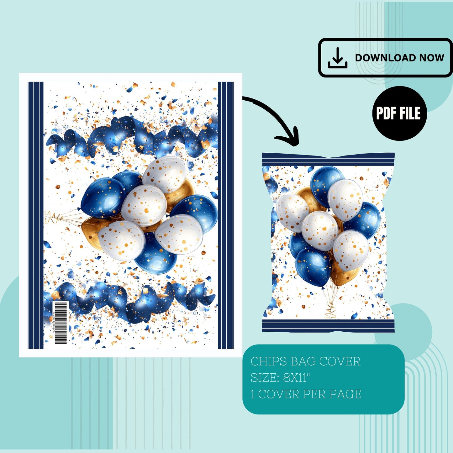 New Year Chip Bag Cover PDF Instant Download File | Blue New Year Decorations