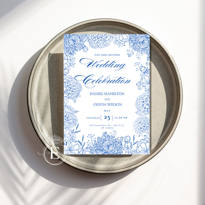 Royal Blue Floral Wedding Invitation