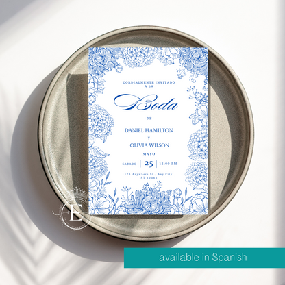 Invitación de boda de dalias azul marino y rubor