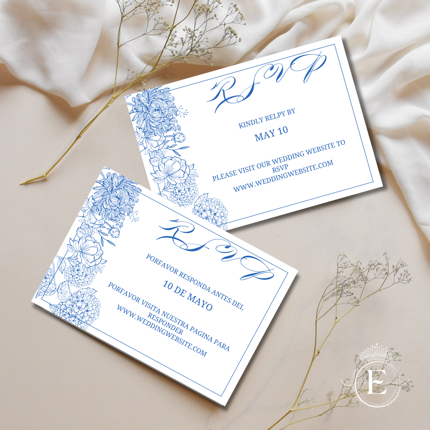 Invitación de boda de dalias azul marino y rubor