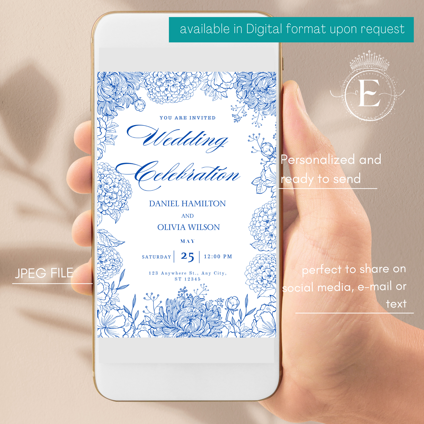 Royal Blue Floral Wedding Invitation