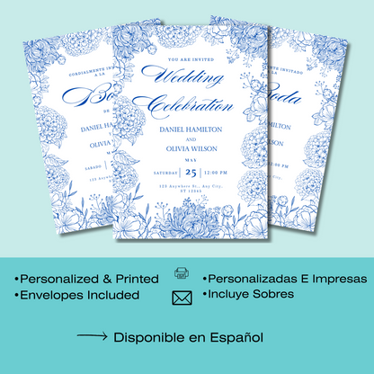 Invitación de boda de dalias azul marino y rubor