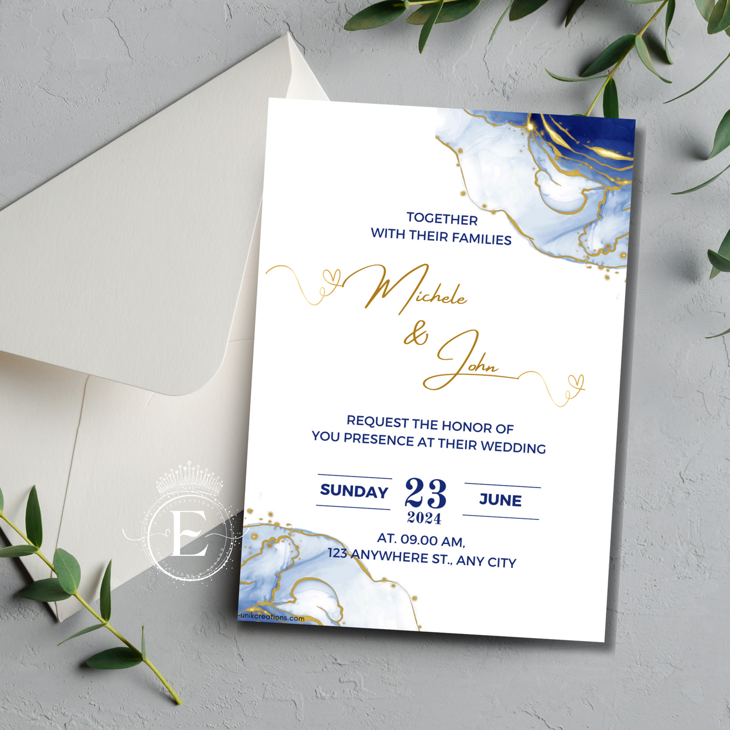 Royal Blue Water Color Wedding Invitation