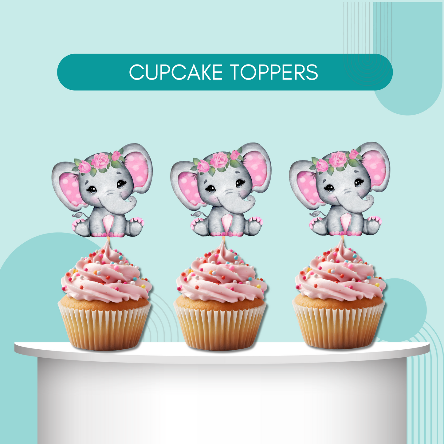 Pink Floral Elephant Cupcake Toppers