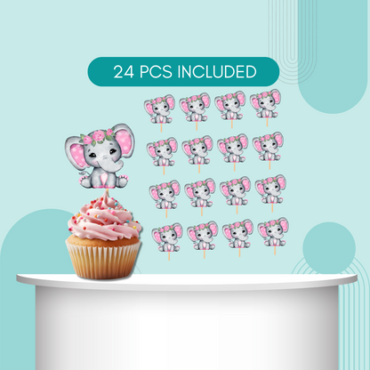 Pink Floral Elephant Cupcake Toppers