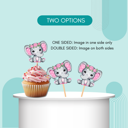 Pink Floral Elephant Cupcake Toppers