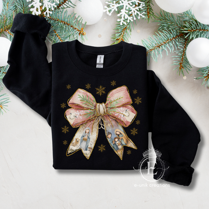 Christmas Coquette Bow Sweatshirt with Nativity Scene