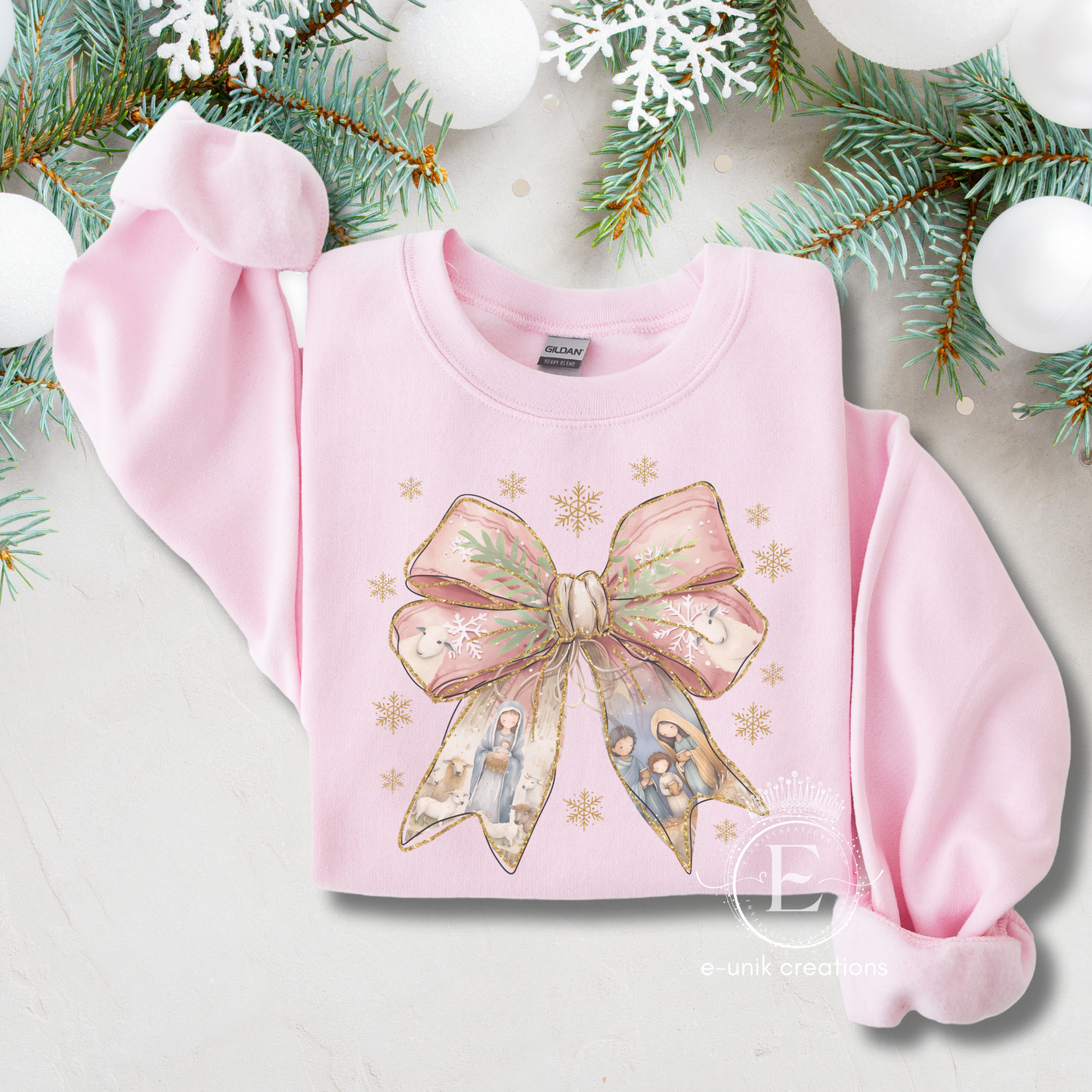 Christmas Coquette Bow Sweatshirt with Nativity Scene