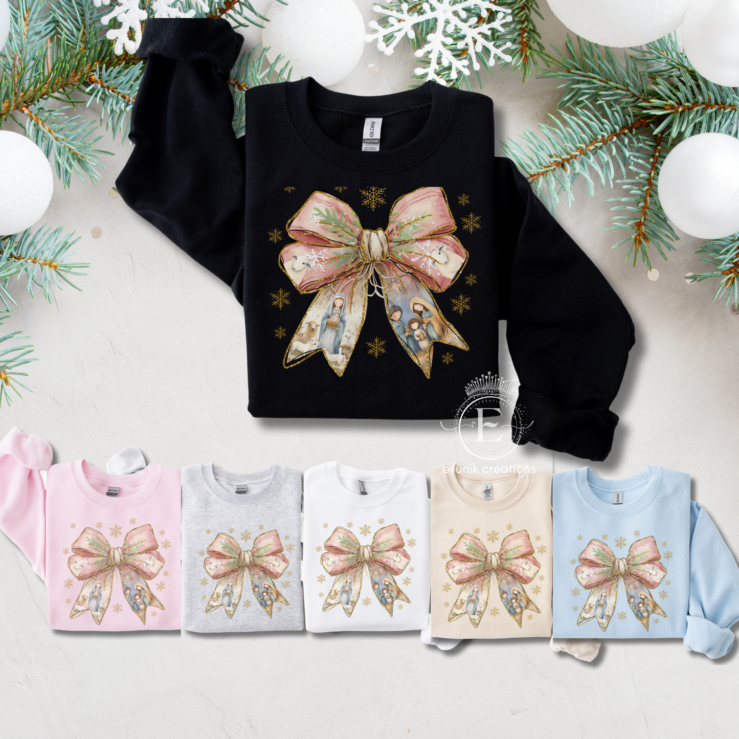 Christmas Coquette Bow Sweatshirt with Nativity Scene