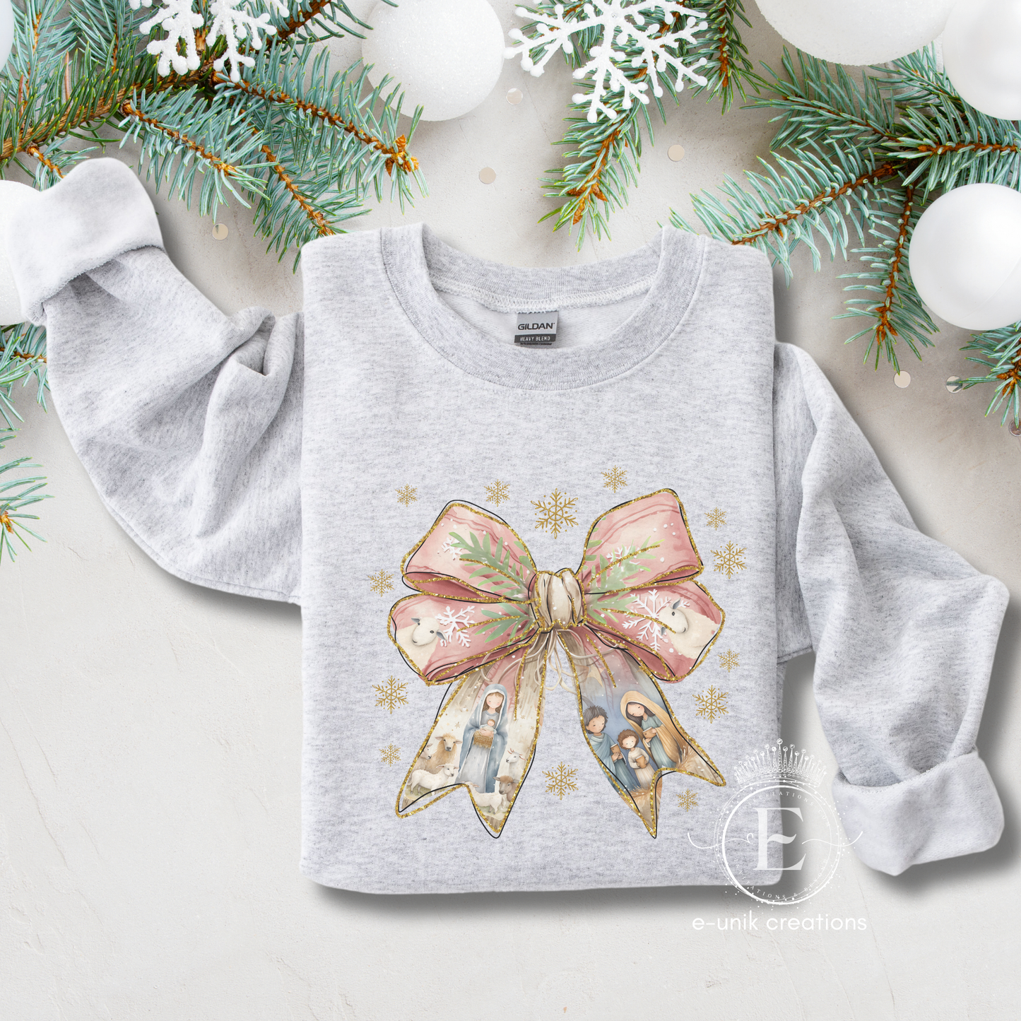 Christmas Coquette Bow Sweatshirt with Nativity Scene