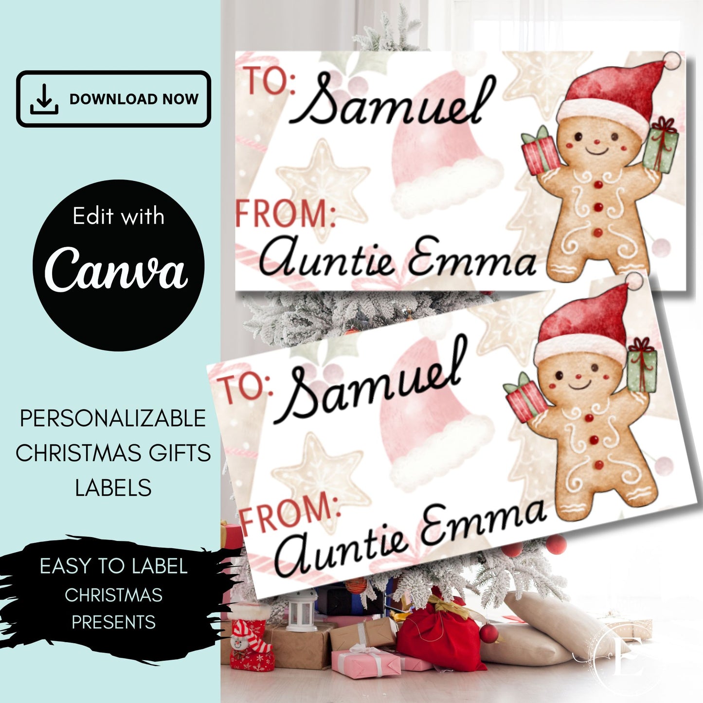 Gingerbread Christmas Gift Labels Editable Canva Template