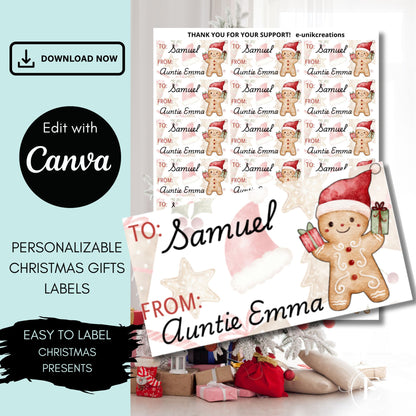Gingerbread Christmas Gift Labels Editable Canva Template