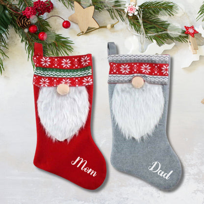 Personalized Gnome Christmas Stocking in Red and Gray