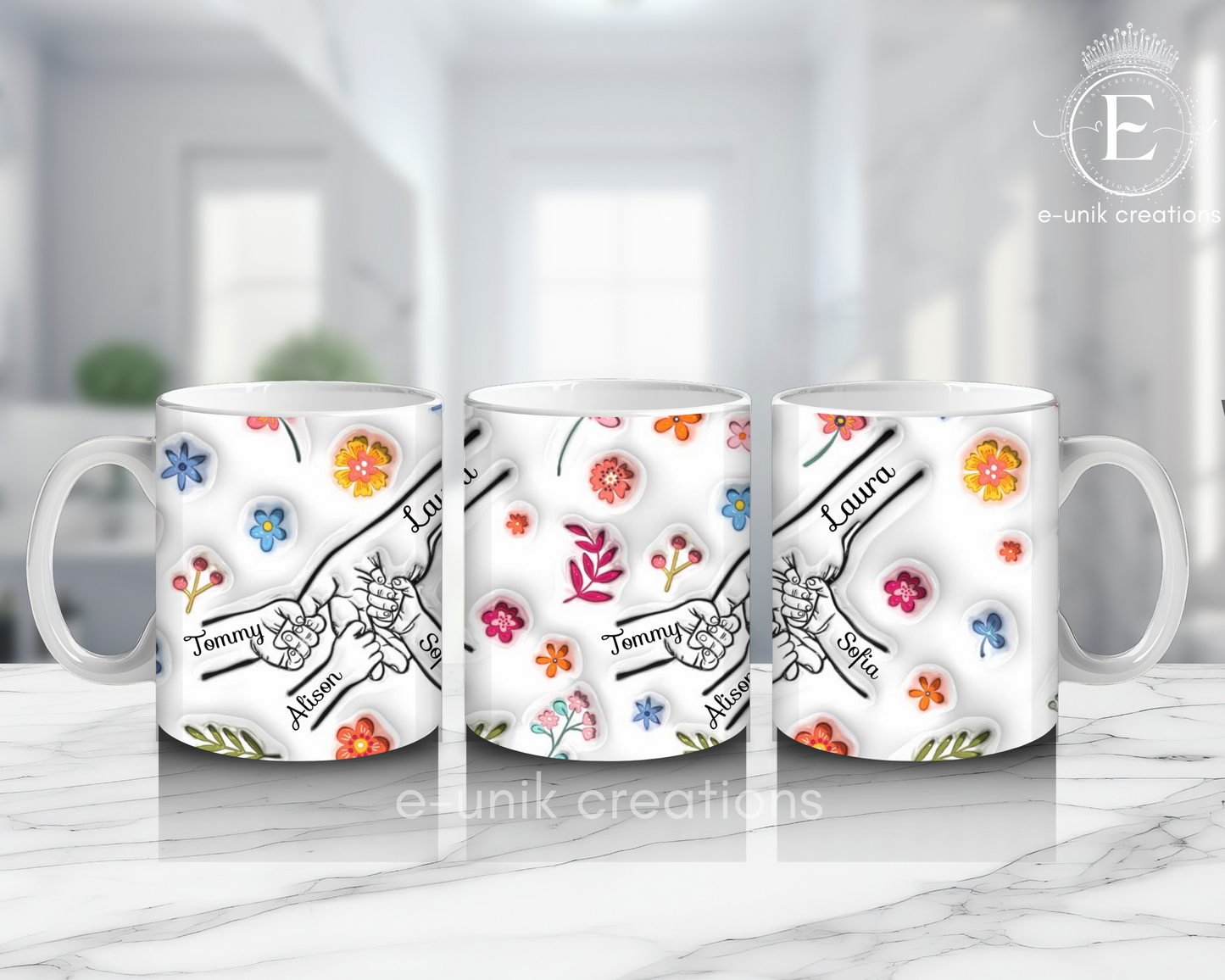 Mom and Kid's Name 3D Floral Mug