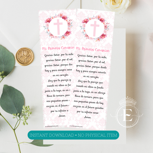 Girl Pink First Communion Bookmark Prayer-Spanish-Instant Download PDF