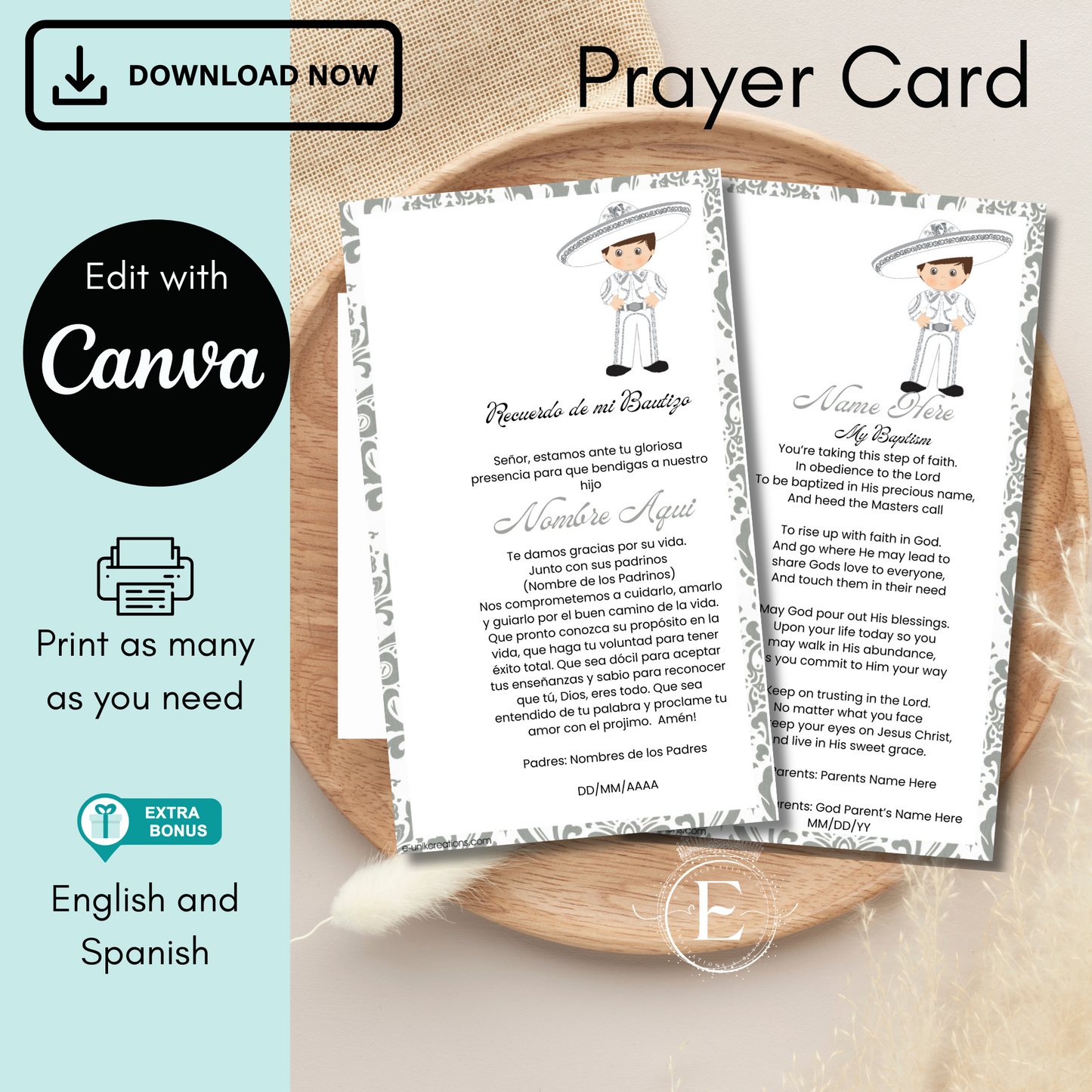 Silver Charro Editable Prayer Card