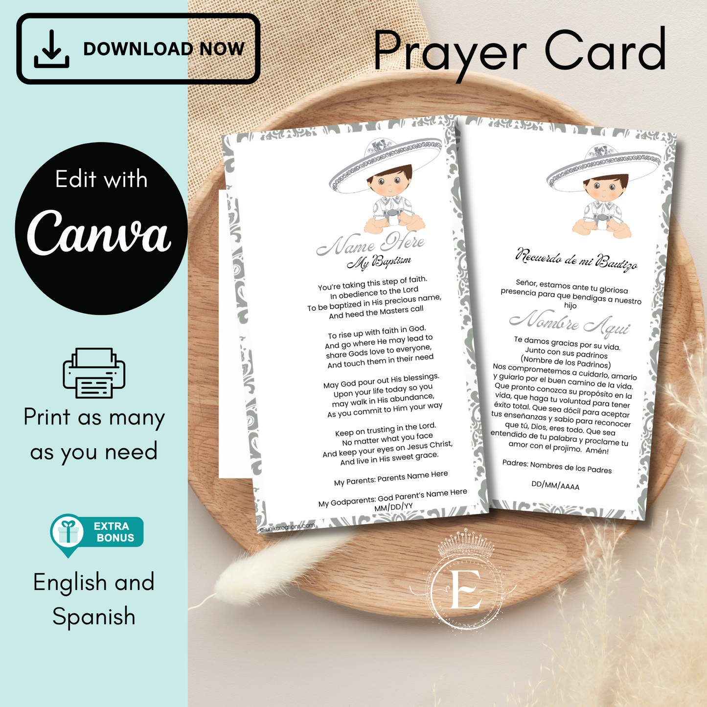 Silver Charrito Editable Prayer Card