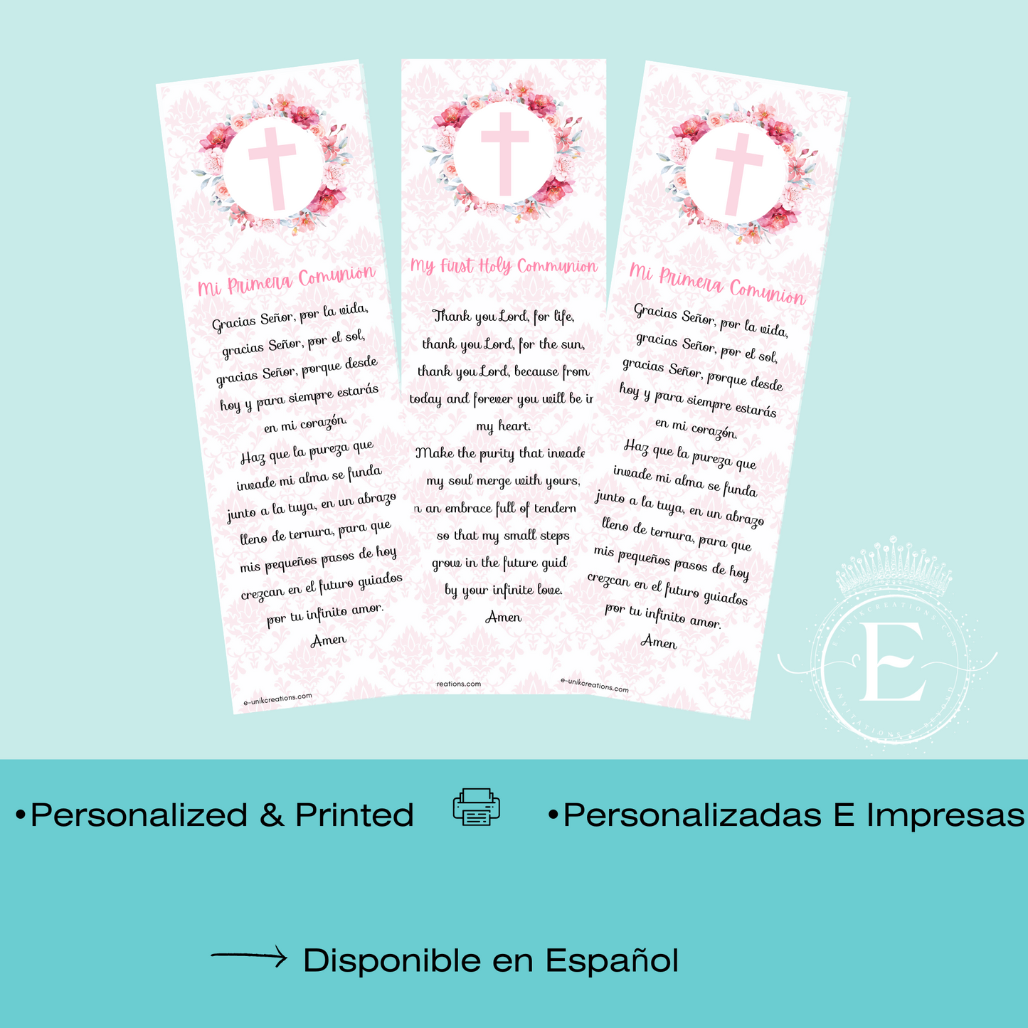 Pink Floral First Communion Bookmark Favors