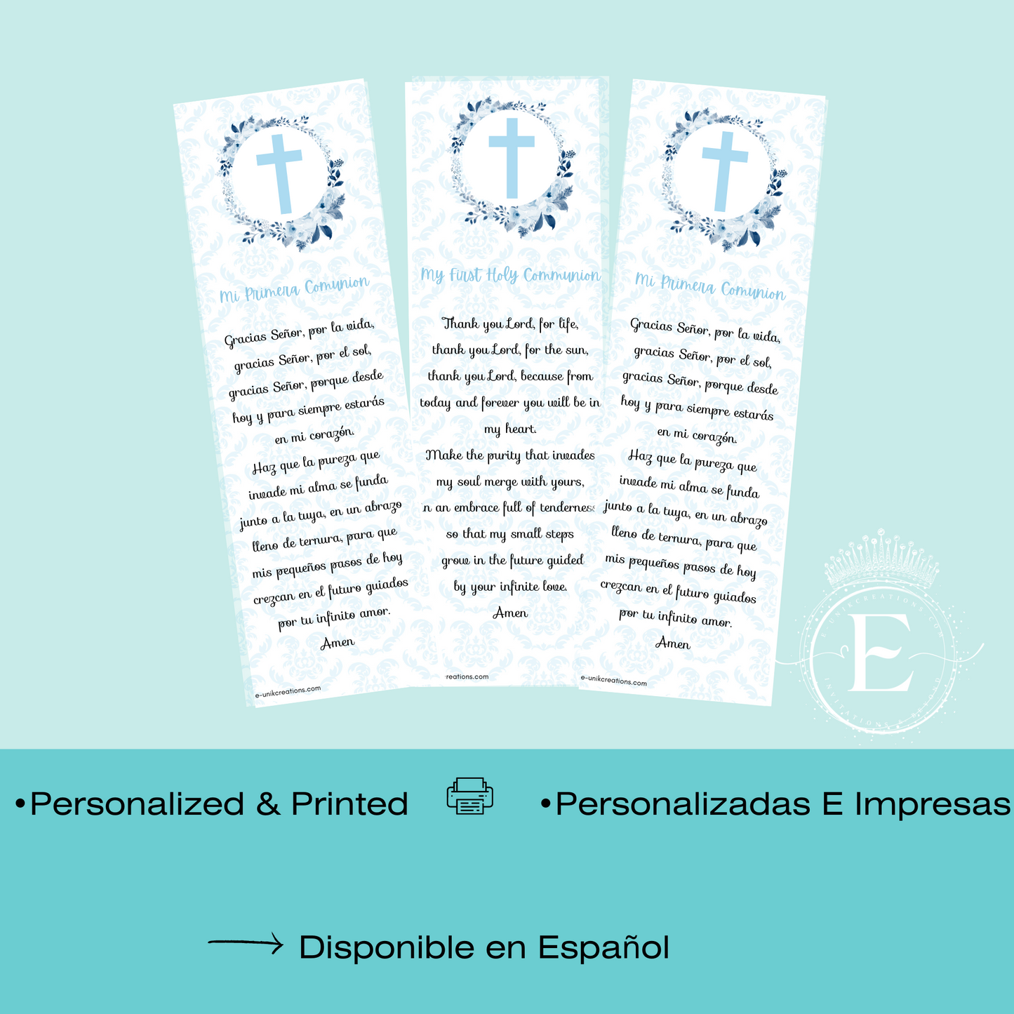 Blue Floral First Communion Bookmark Favors