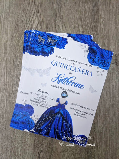 Royal Blue Roses Quinceanera or Sweet 16 Invitations. 12pcs