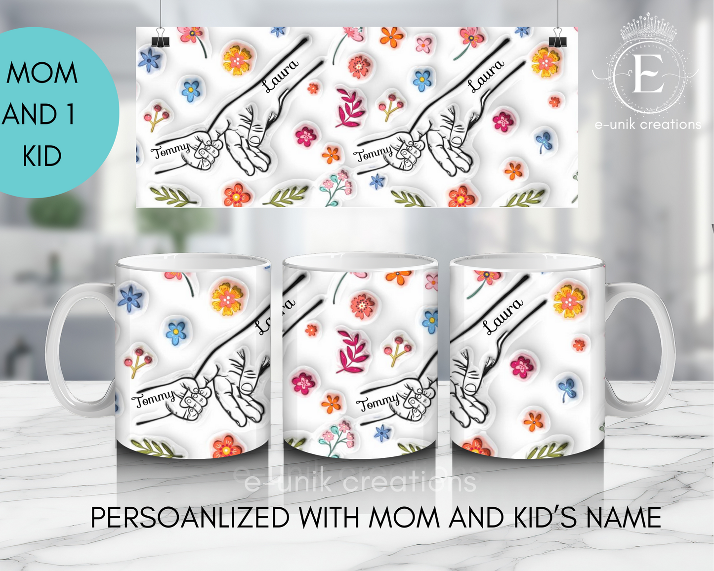 Mom and Kid's Name 3D Floral Mug