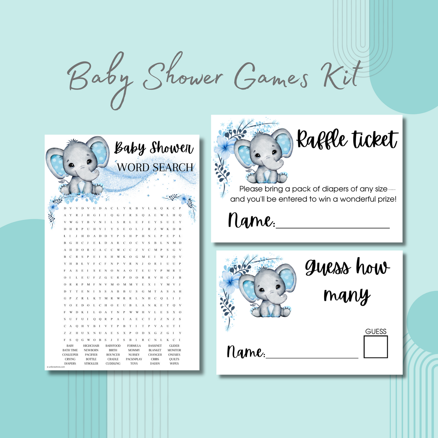 Blue Elephant Baby Shower Games Kit