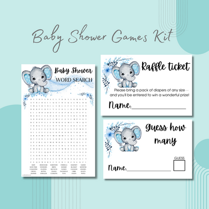Blue Elephant Baby Shower Games Kit