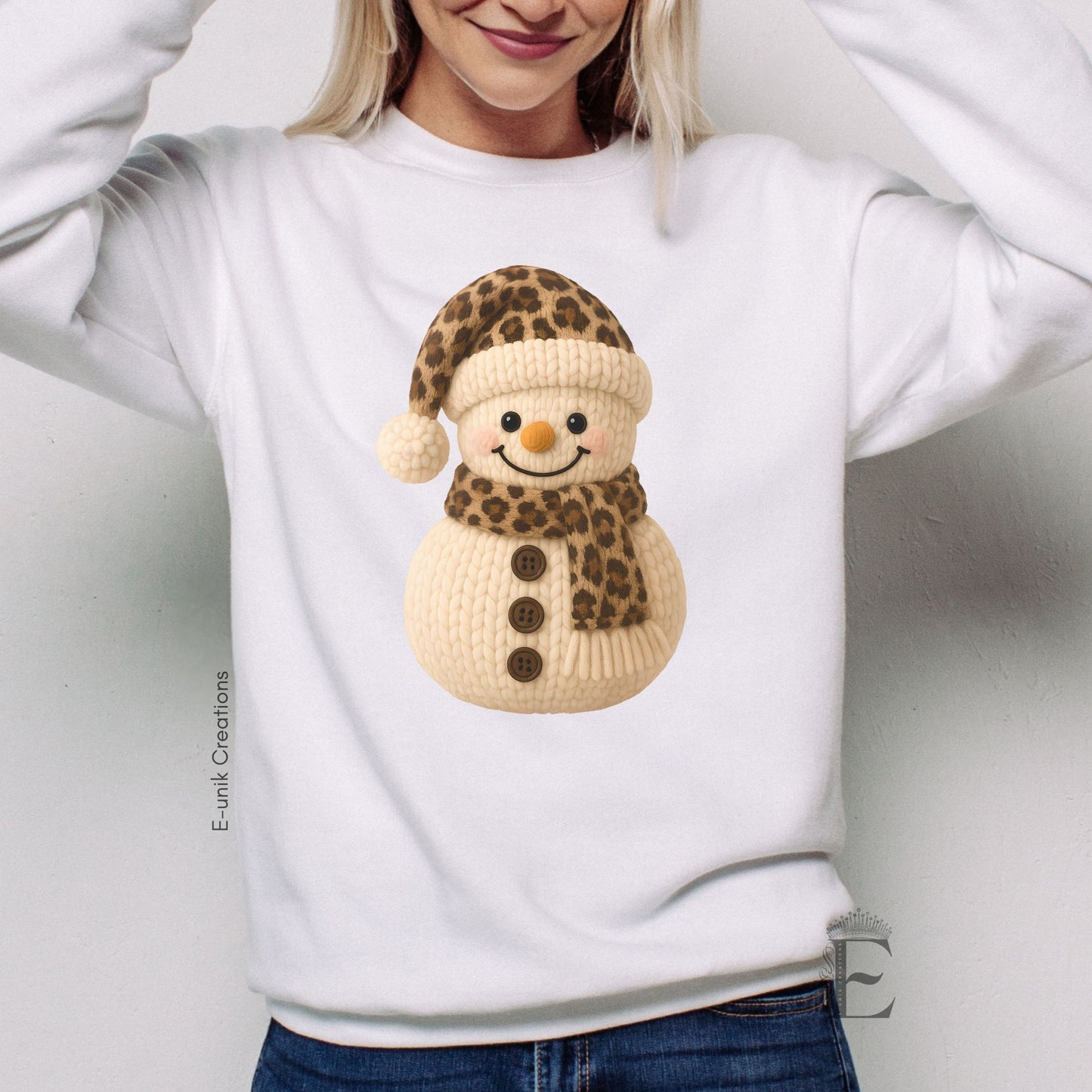 Leopard Print Crochet Snowman Christmas Sweater