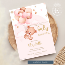 Load image into Gallery viewer, Pink Balloon Girl Bear Baby Shower Invitations
