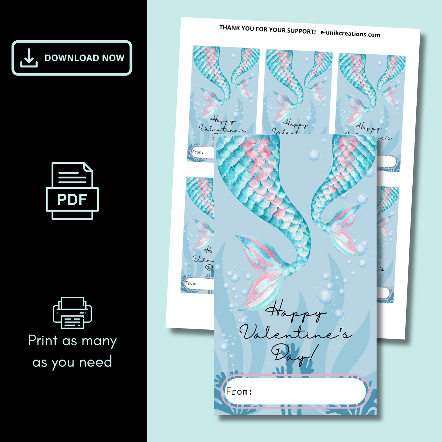Mermaid Tail Valentine Printable Friendship & Classroom Favor Card