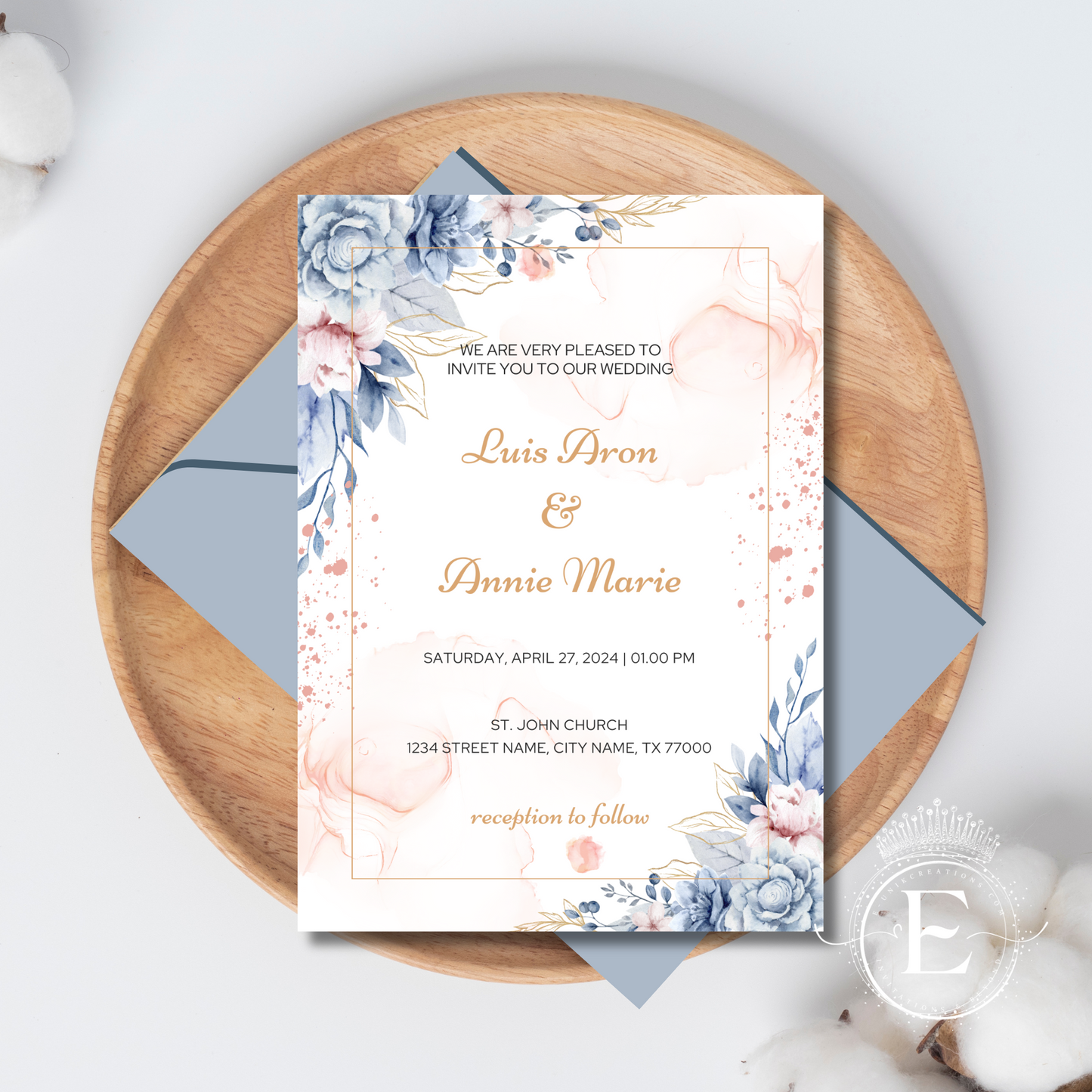 Dusty Blue and Blush Floral Wedding Invitation