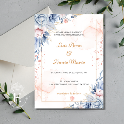 Dusty Blue and Blush Floral Wedding Invitation