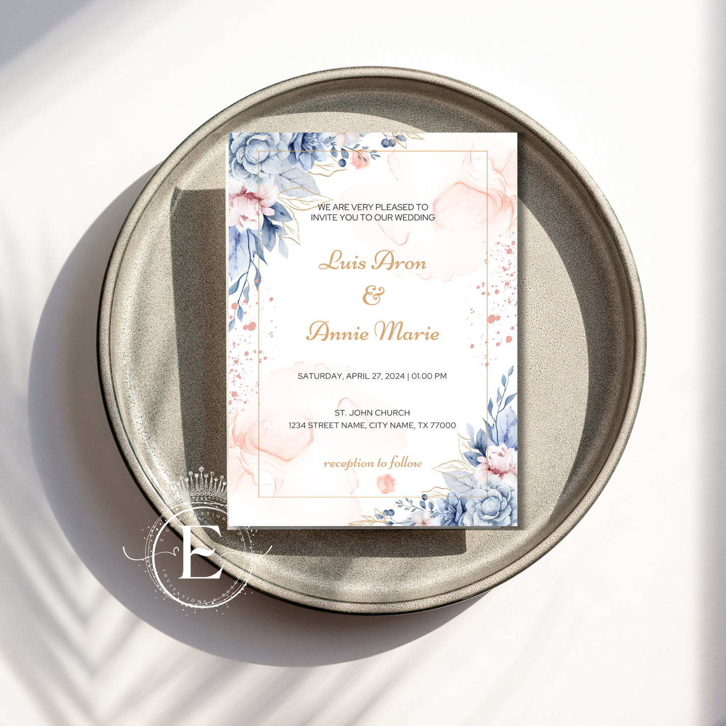 Dusty Blue and Blush Floral Wedding Invitation