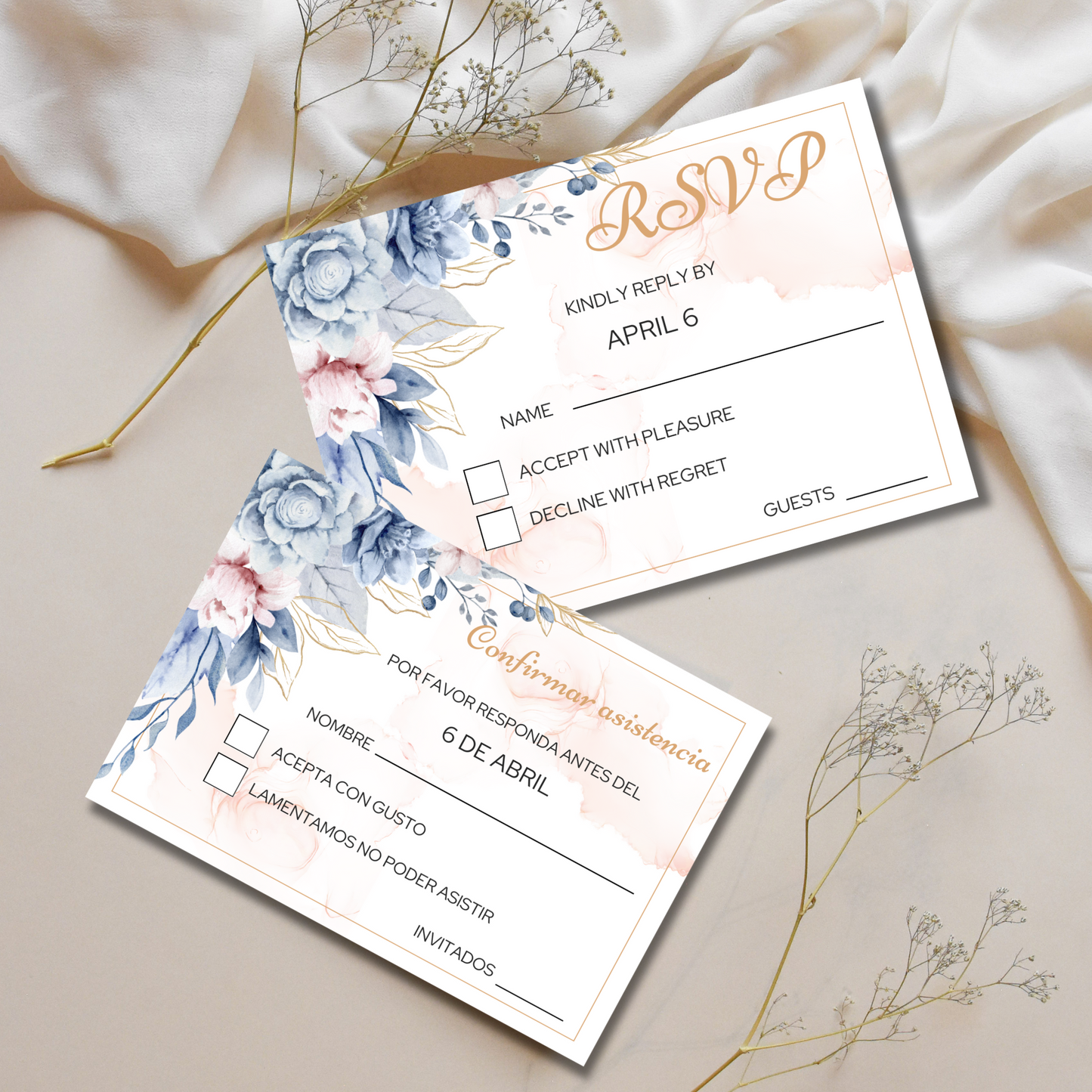 Dusty Blue and Blush Floral Wedding Invitation