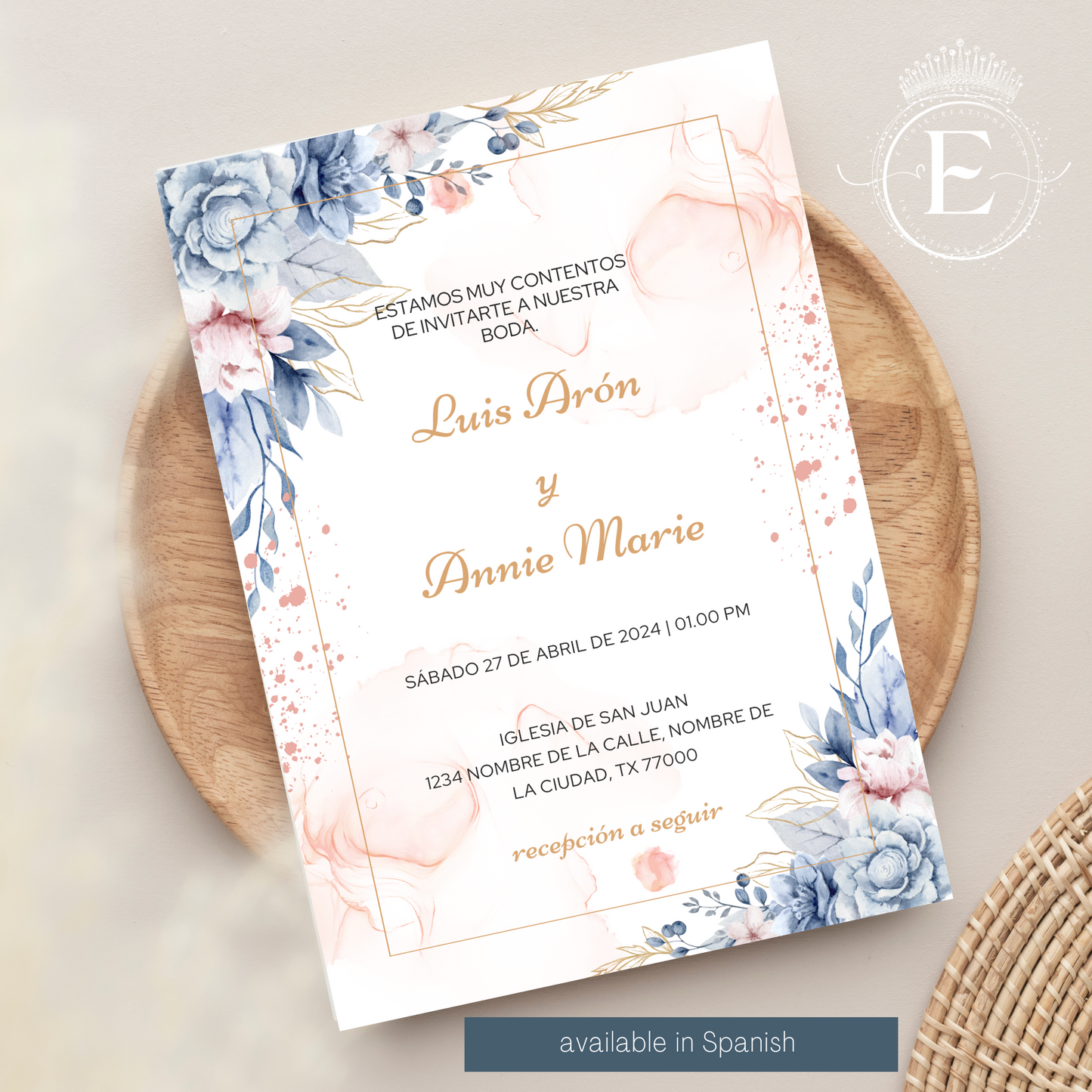 Dusty Blue and Blush Floral Wedding Invitation