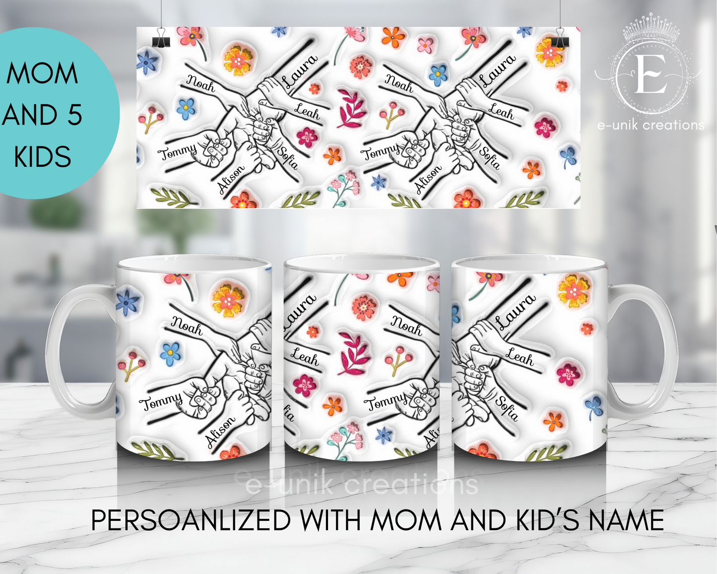 Mom and Kid's Name 3D Floral Mug