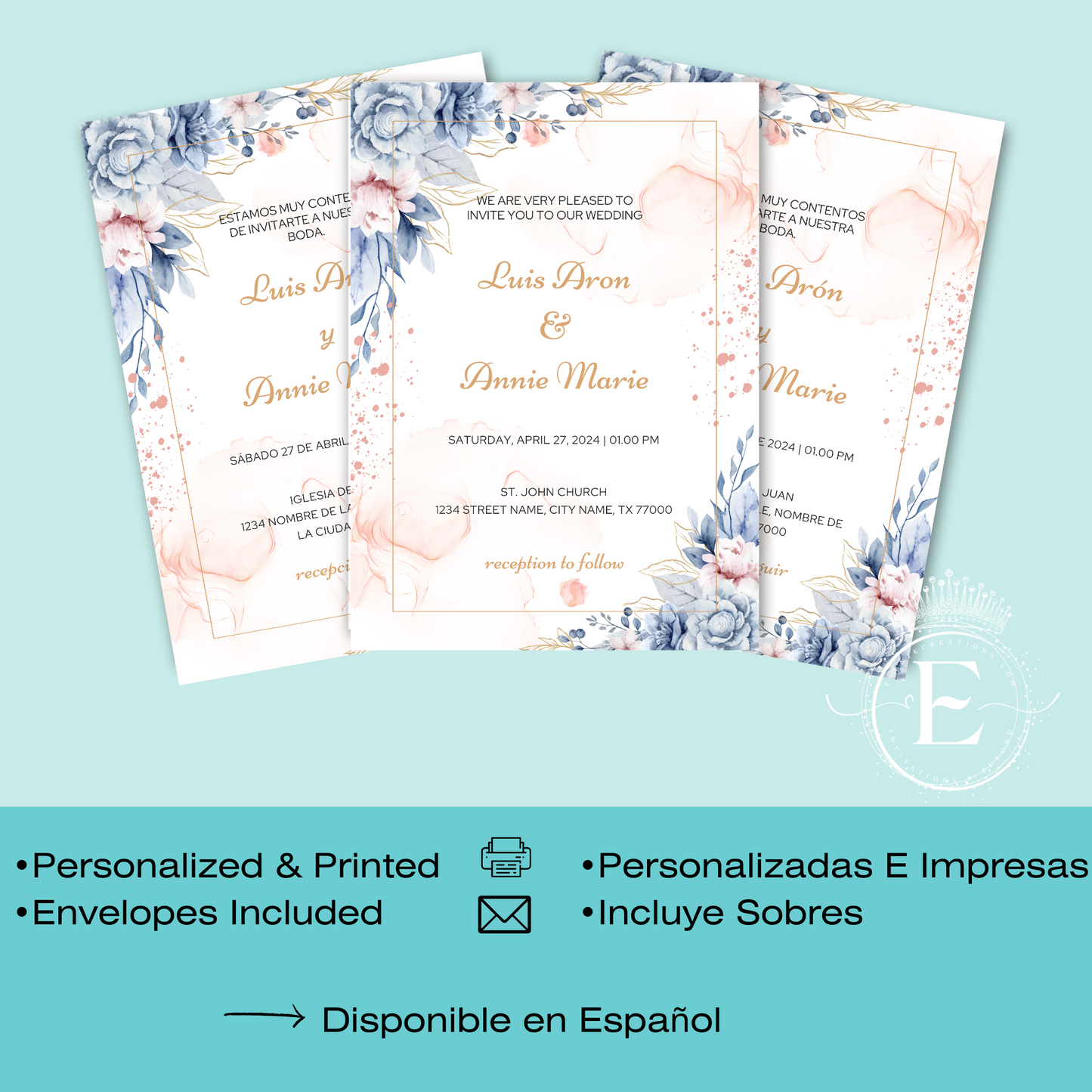 Dusty Blue and Blush Floral Wedding Invitation