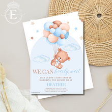 Load image into Gallery viewer, Blue Balloon Boy Bear Baby Shower Invitations
