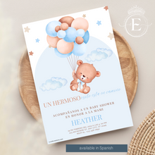 Load image into Gallery viewer, Blue Balloon Boy Bear Baby Shower Invitations
