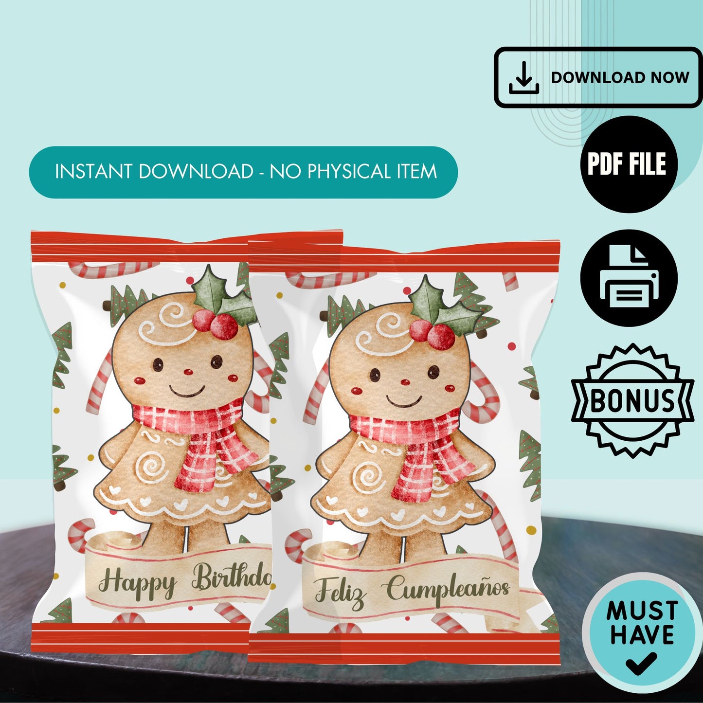 Gingerbread Girl Chip Bag Cover PDF Instant Download File | Winter Holidays Celebration