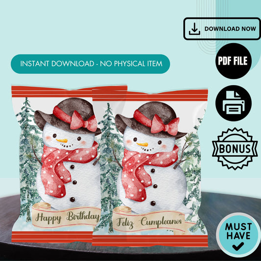 Snowman Chip Bag Cover PDF Instant Download File | Winter Holidays Celebration.