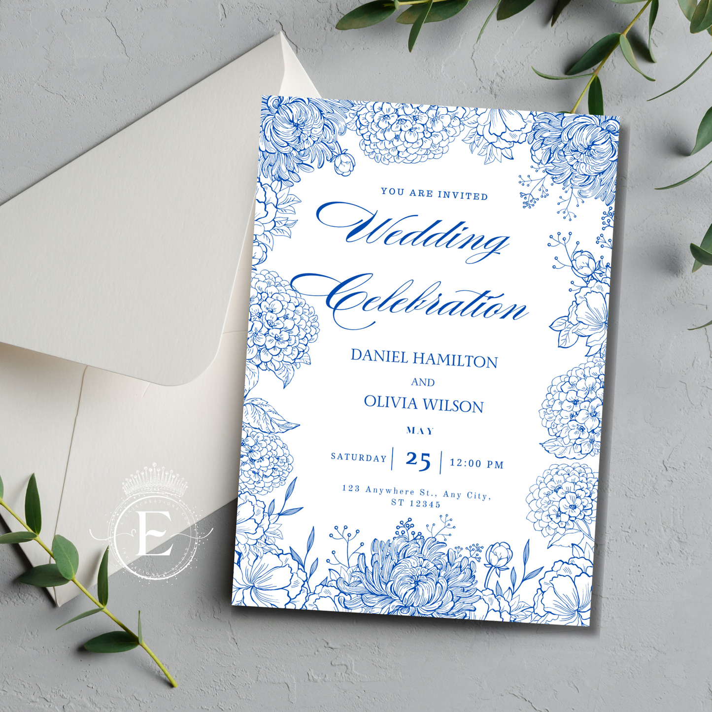 Royal Blue Floral Wedding Invitation