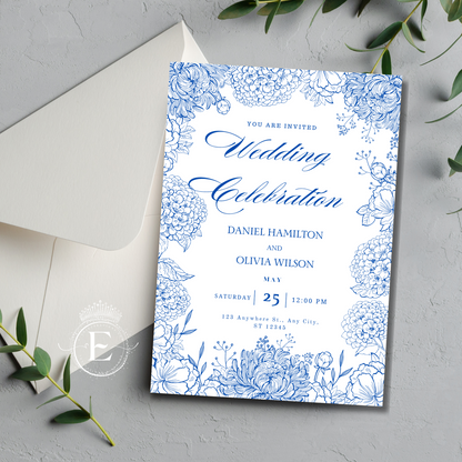 Invitación de boda de dalias azul marino y rubor