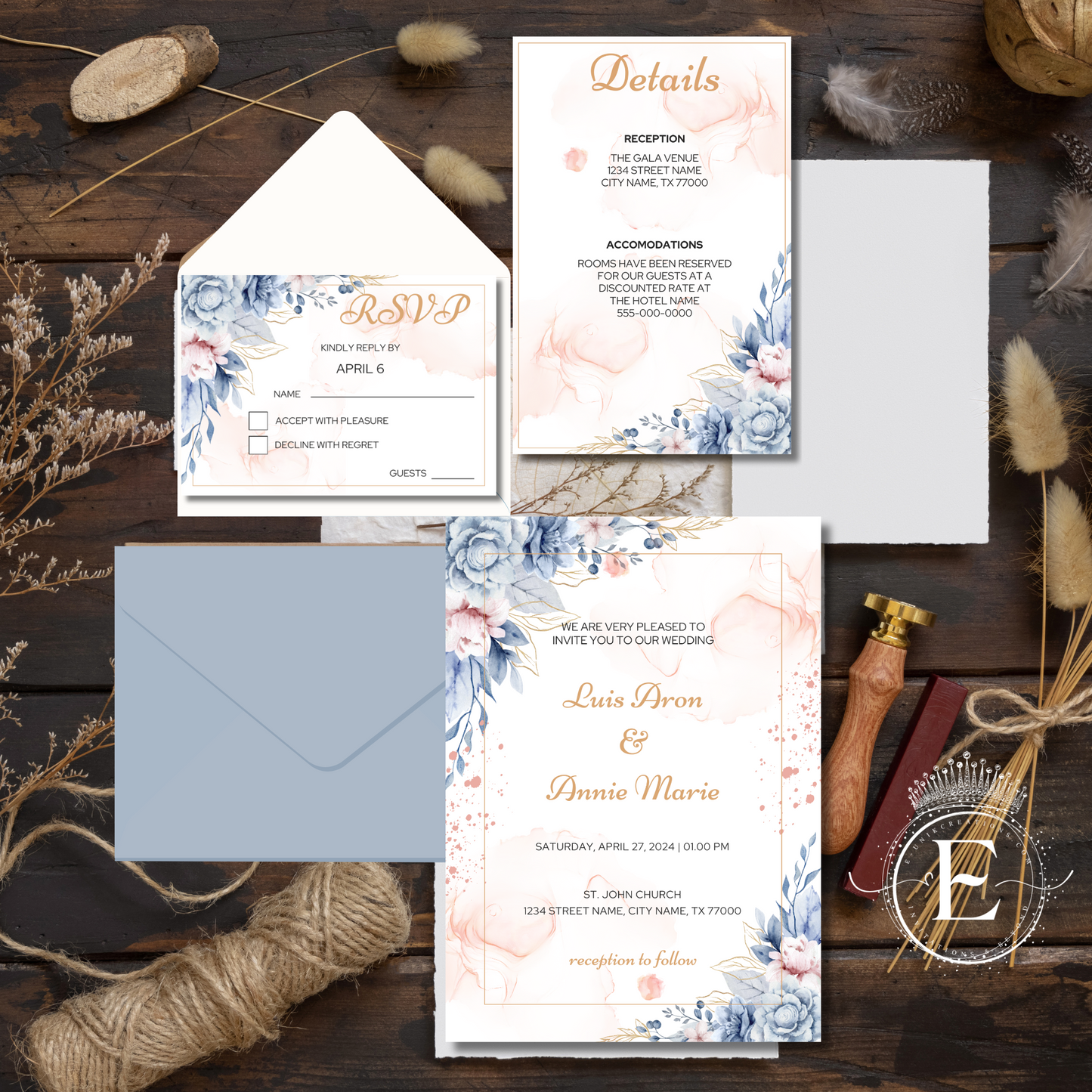 Dusty Blue and Blush Floral Wedding Invitation