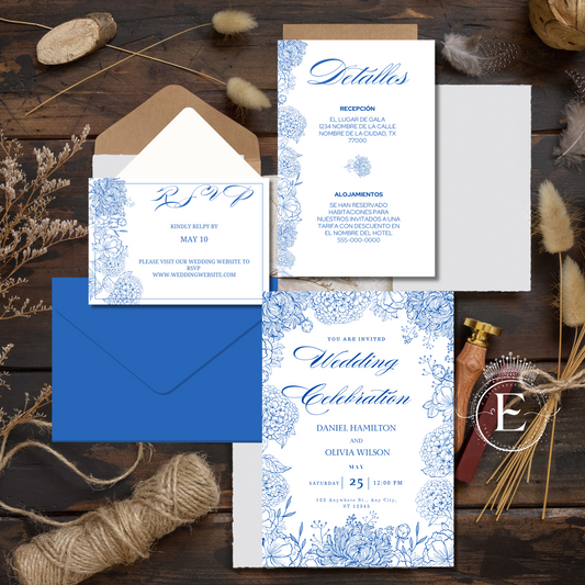 Invitación de boda de dalias azul marino y rubor
