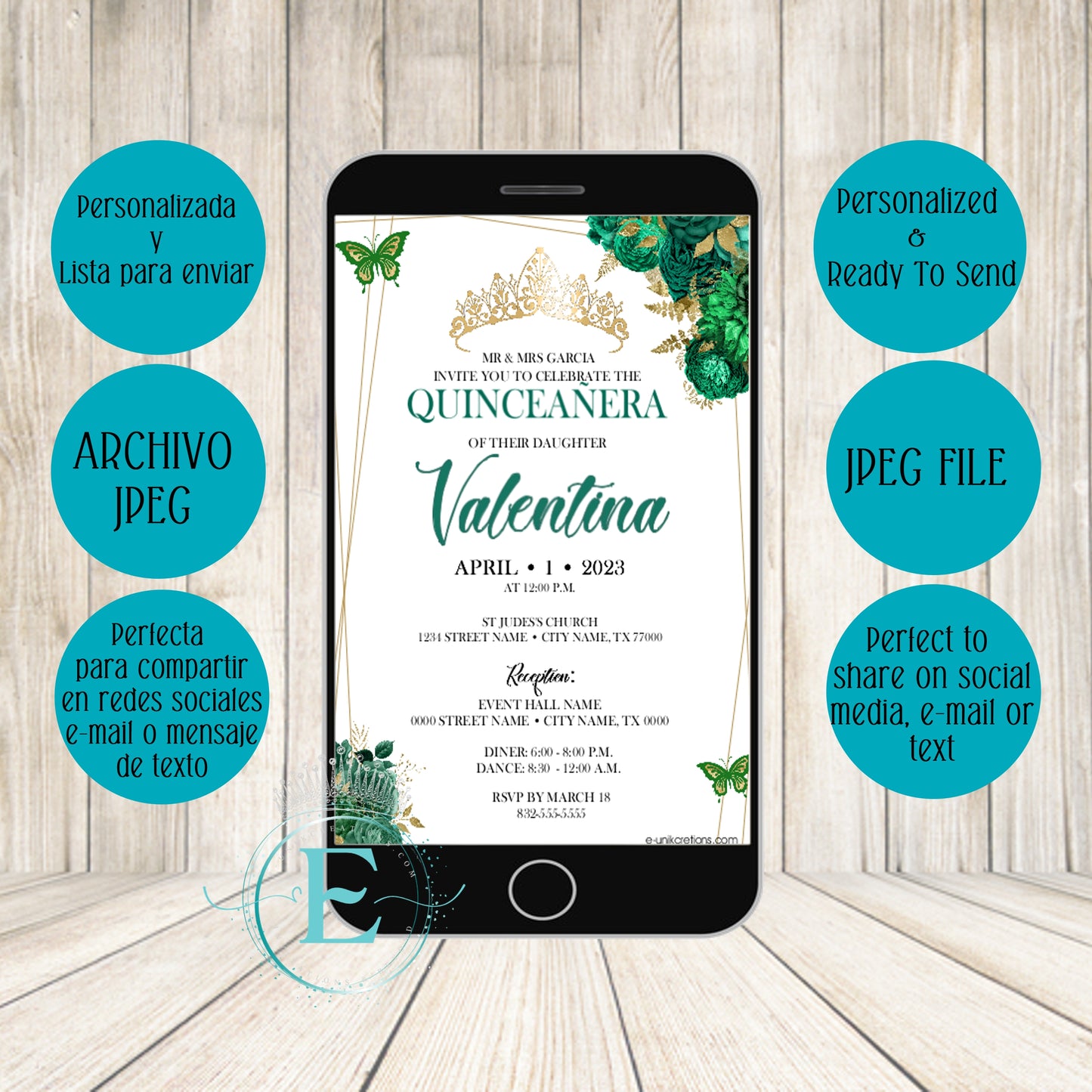 Emerald Roses Quinceanera or Sweet 16 E-Invite