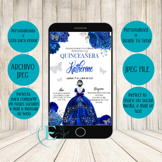 Royal Blue Roses Quinceanera or Sweet 16 E-Invite