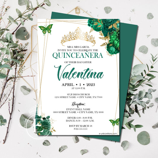 Invitaciones impresas de rosas de oro verde esmeralda