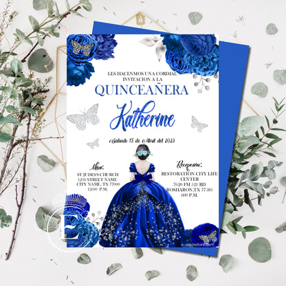 Royal Blue Roses Quinceanera or Sweet 16 Invitations. 12pcs